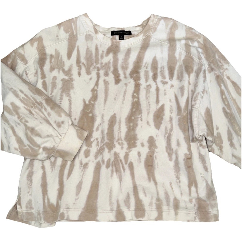 Banana Republic Medium Tan Cream Tie Dye Cotton Boxy Crop Sweatshirt Puff Sleeve